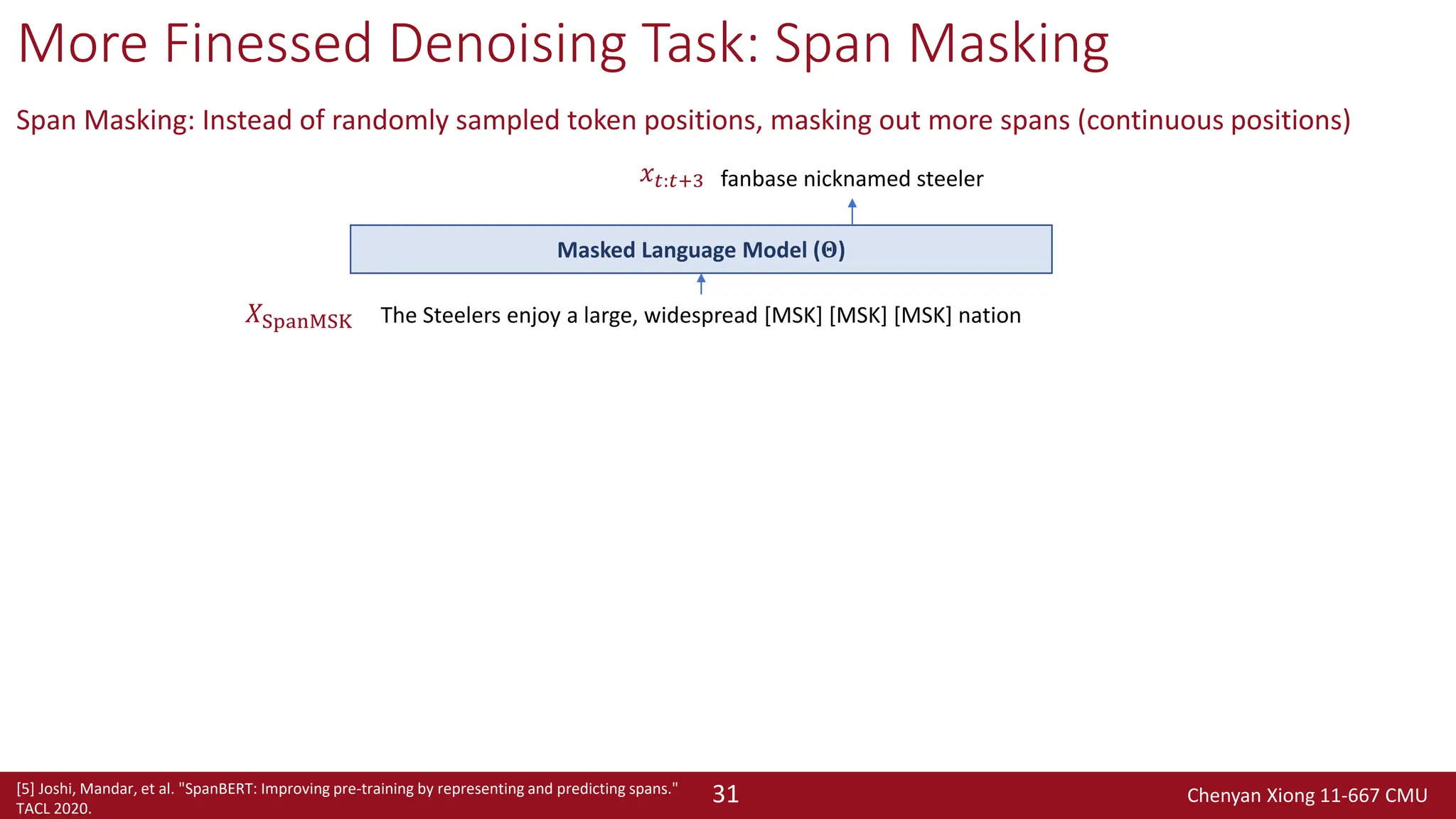 Chenyan Xiong 11-667 CMU
31
More Finessed Denoising Task: Span Masking
Span Masking: Instead of randomly sampled token positions, masking out more spans (continuous positions)
[5] Joshi, Mandar, et al. "SpanBERT: Improving pre-training by representing and predicting spans."
TACL 2020.
The Steelers enjoy a large, widespread [MSK] [MSK] [MSK] nation
fanbase nicknamed steeler
Masked Language Model (𝚯)
𝑥𝑡:𝑡+3
𝑋SpanMSK
 