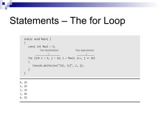 Statements – The for Loop
 