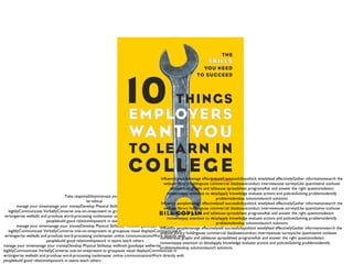 Take responsibilitymotivate yourself
be ethical
manage your timemanage your moneyDevelop Physical Skillsstay welllook goodtype wellwrite
legiblyCommunicate VerballyConverse one-on-onepresent to groupsuse visual displaysCommunicate in
writingwrite welledit and proofuse word-processing toolsmaster online communicationsWork directly with
peoplebuild good relationshipswork in teams teach others
manage your timemanage your moneyDevelop Physical Skillsstay welllook goodtype wellwrite
legiblyCommunicate VerballyConverse one-on-onepresent to groupsuse visual displaysCommunicate in
writingwrite welledit and proofuse word-processing toolsmaster online communicationsWork directly with
peoplebuild good relationshipswork in teams teach others
manage your timemanage your moneyDevelop Physical Skillsstay welllook goodtype wellwrite
legiblyCommunicate VerballyConverse one-on-onepresent to groupsuse visual displaysCommunicate in
writingwrite welledit and proofuse word-processing toolsmaster online communicationsWork directly with
peoplebuild good relationshipswork in teams teach others
Influence peoplemanage effectivelysell successfullypolitick wiselylead effectivelyGather informationsearch the
webuse library holdingsuse commercial databasesconduct interviewsuse surveysUse quantitative toolsuse
numbersuse graphs and tablesuse spreadsheet programsAsk and answer the right questionsdetect
nonsensepay attention to detailapply knowledge evaluate actions and policiesSolving problemsidentify
problemsdevelop solutionslaunch solutions
Influence peoplemanage effectivelysell successfullypolitick wiselylead effectivelyGather informationsearch the
webuse library holdingsuse commercial databasesconduct interviewsuse surveysUse quantitative toolsuse
numbersuse graphs and tablesuse spreadsheet programsAsk and answer the right questionsdetect
nonsensepay attention to detailapply knowledge evaluate actions and policiesSolving problemsidentify
problemsdevelop solutionslaunch solutions
Influence peoplemanage effectivelysell successfullypolitick wiselylead effectivelyGather informationsearch the
webuse library holdingsuse commercial databasesconduct interviewsuse surveysUse quantitative toolsuse
numbersuse graphs and tablesuse spreadsheet programsAsk and answer the right questionsdetect
nonsensepay attention to detailapply knowledge evaluate actions and policiesSolving problemsidentify
problemsdevelop solutionslaunch solutions
 