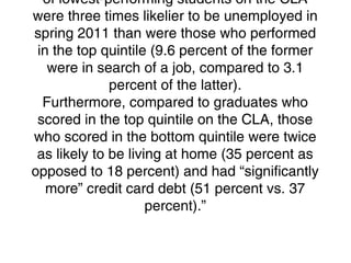 of lowest-performing students on the CLA
were three times likelier to be unemployed in
spring 2011 than were those who performed
in the top quintile (9.6 percent of the former
were in search of a job, compared to 3.1
percent of the latter).
Furthermore, compared to graduates who
scored in the top quintile on the CLA, those
who scored in the bottom quintile were twice
as likely to be living at home (35 percent as
opposed to 18 percent) and had “significantly
more” credit card debt (51 percent vs. 37
percent).”
 