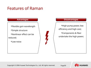 Copyright © 2006 Huawei Technologies Co., Ltd. All rights reserved. Page59
Features of Raman

Flexible gain wavelength

Simple structure

Nonlinear effect can be
reduced;

Low noise
…

High pump power, low
efficiency and high cost;

Components & fiber
undertake the high power;
…
Advantages Disadvantages
 
