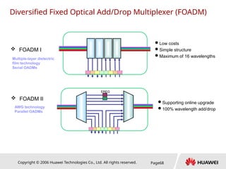 Copyright © 2006 Huawei Technologies Co., Ltd. All rights reserved. Page68
Diversified Fixed Optical Add/Drop Multiplexer (FOADM)
Low costs
Simple structure
Maximum of 16 wavelengths
 FOADM I
Multiple-layer dielectric
film technology
Serial OADMs
 FOADM II
AWG technology
Parallel OADMs
Supporting online upgrade
100% wavelength add/drop
EREG
 