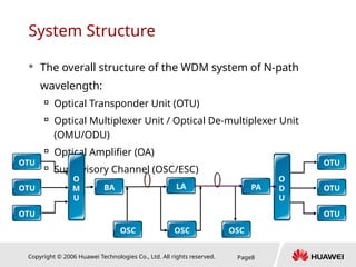 Copyright © 2006 Huawei Technologies Co., Ltd. All rights reserved. Page8
 The overall structure of the WDM system of N-path
wavelength:

Optical Transponder Unit (OTU)

Optical Multiplexer Unit / Optical De-multiplexer Unit
(OMU/ODU)

Optical Amplifier (OA)

Supervisory Channel (OSC/ESC)
System Structure
OTU
OTU
OTU
O
M
U
O
D
U
OTU
OTU
OTU
OSC OSC
OSC
LA
BA PA
 