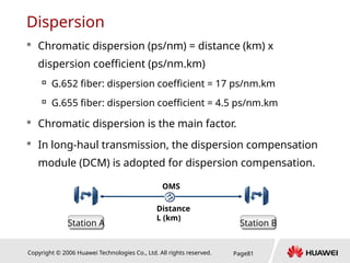 Copyright © 2006 Huawei Technologies Co., Ltd. All rights reserved. Page81
Dispersion
 Chromatic dispersion (ps/nm) = distance (km) x
dispersion coefficient (ps/nm.km)

G.652 fiber: dispersion coefficient = 17 ps/nm.km

G.655 fiber: dispersion coefficient = 4.5 ps/nm.km
 Chromatic dispersion is the main factor.
 In long-haul transmission, the dispersion compensation
module (DCM) is adopted for dispersion compensation.
OMS
Distance
L (km)
Station A Station B
 