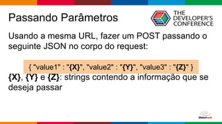 Globalcode – Open4education
Passando Parâmetros
Usando a mesma URL, fazer um POST passando o
seguinte JSON no corpo do request:
{X}, {Y} e {Z}: strings contendo a informação que se
deseja passar
{ "value1" : "{X}", "value2" : "{Y}", "value3" : "{Z}" }
 