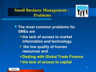 PH Buch
PH Buch
Small Business Management :Small Business Management :
ProblemsProblems
 The most common problems for
SMEs are
the lack of access to market
information and technology,
 the low quality of human
resources and
Dealing with Global Trade Finance
the lack of access to capital
12
 