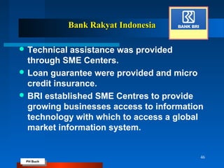 PH Buch
PH Buch
Bank Rakyat IndonesiaBank Rakyat Indonesia
 Technical assistance was provided
through SME Centers.
 Loan guarantee were provided and micro
credit insurance.
 BRI established SME Centres to provide
growing businesses access to information
technology with which to access a global
market information system.
46
 