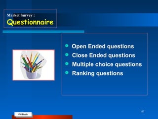 PH Buch
PH Buch
61
Market Survey :
Questionnaire
 Open Ended questions
 Close Ended questions
 Multiple choice questions
 Ranking questions
 