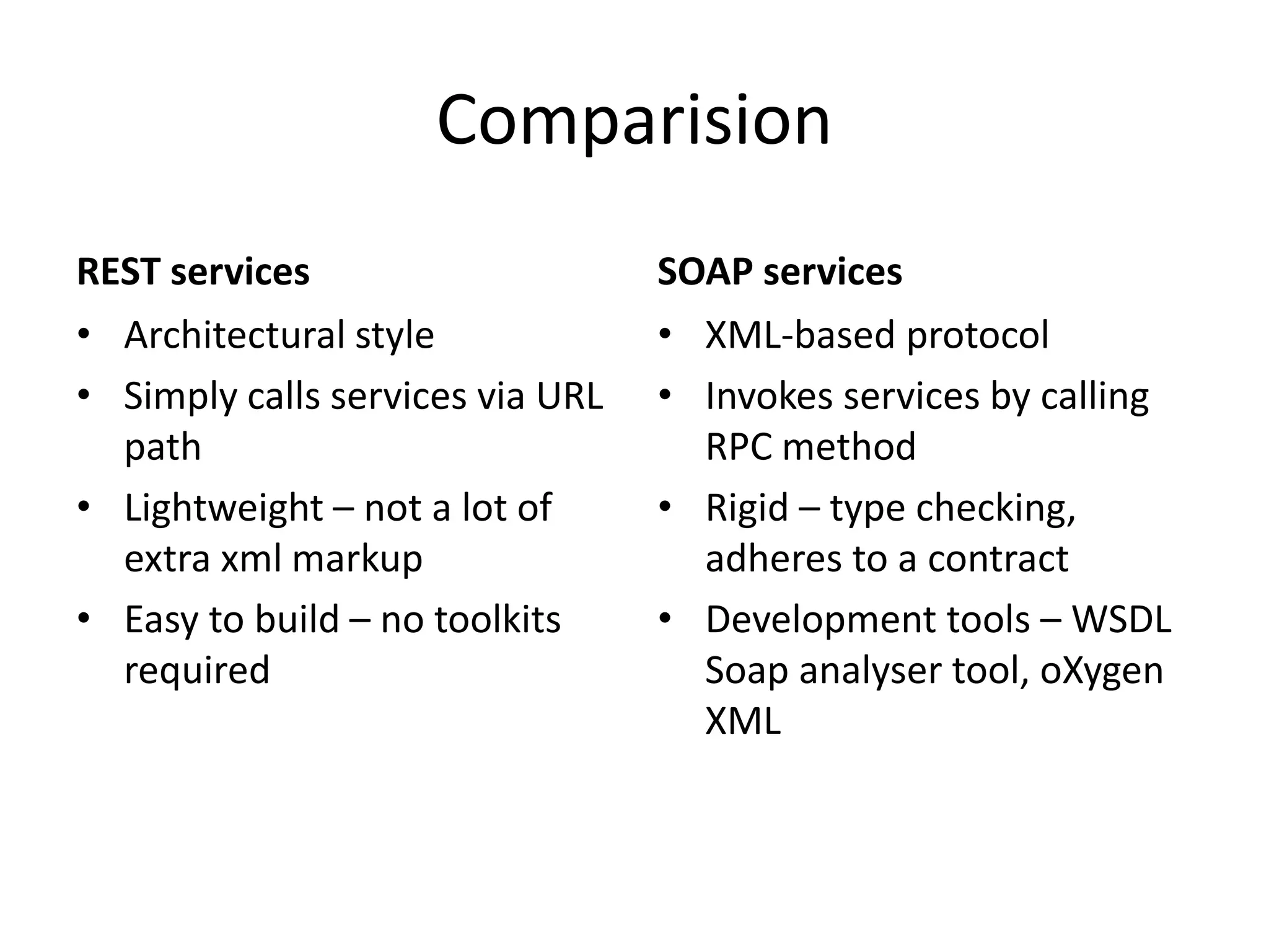Comparision
REST services
• Architectural style
• Simply calls services via URL
path
• Lightweight – not a lot of
extra xml markup
• Easy to build – no toolkits
required
SOAP services
• XML-based protocol
• Invokes services by calling
RPC method
• Rigid – type checking,
adheres to a contract
• Development tools – WSDL
Soap analyser tool, oXygen
XML
 