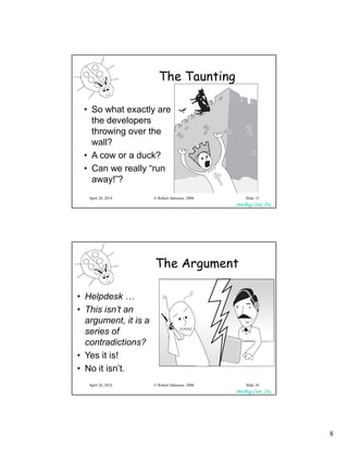 8
AmiBug.Com, Inc.
© Robert Sabourin, 2006April 26, 2014 Slide 15
The Taunting
• So what exactly are
the developers
throwing over the
wall?
• A cow or a duck?
• Can we really “run
away!”?
AmiBug.Com, Inc.
© Robert Sabourin, 2006April 26, 2014 Slide 16
The Argument
• Helpdesk
• This isn’t an
argument, it is a
series of
contradictions?
• Yes it is!
• No it isn’t.
 