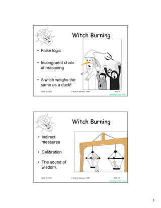 5
AmiBug.Com, Inc.
© Robert Sabourin, 2006April 26, 2014 Slide 9
Witch Burning
• False logic
• Incongruent chain
of reasoning
• A witch weighs the
same as a duck!
AmiBug.Com, Inc.
© Robert Sabourin, 2006April 26, 2014 Slide 10
Witch Burning
• Indirect
measures
• Calibration
• The sound of
wisdom.
 