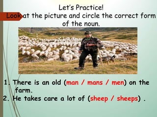 Let’s Practice!
Look at the picture and circle the correct form
of the noun.
1. There is an old (man / mans / men) on the
farm.
2. He takes care a lot of (sheep / sheeps) .
 