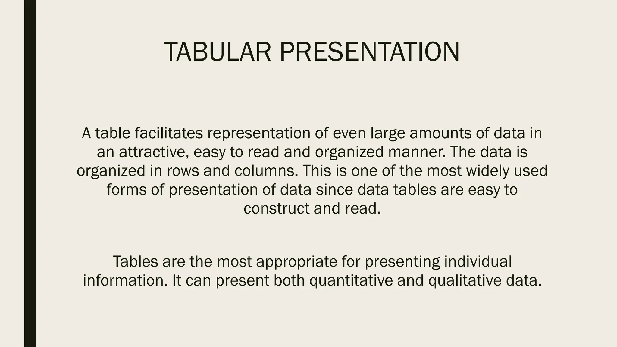 TABULAR PRESENTATION
A table facilitates representation of even large amounts of data in
an attractive, easy to read and organized manner. The data is
organized in rows and columns. This is one of the most widely used
forms of presentation of data since data tables are easy to
construct and read.
Tables are the most appropriate for presenting individual
information. It can present both quantitative and qualitative data.
 