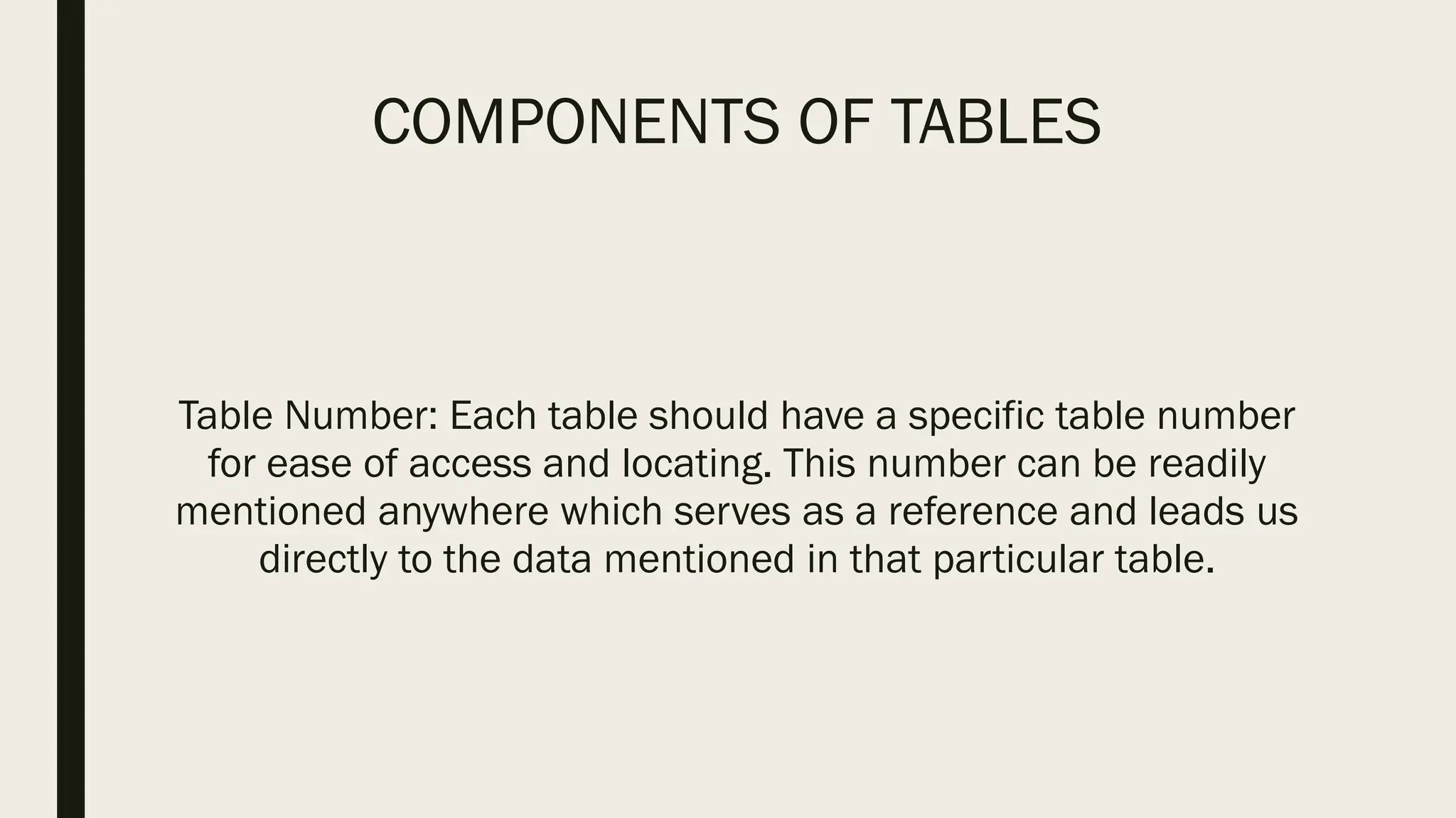 COMPONENTS OF TABLES
Table Number: Each table should have a specific table number
for ease of access and locating. This number can be readily
mentioned anywhere which serves as a reference and leads us
directly to the data mentioned in that particular table.
 