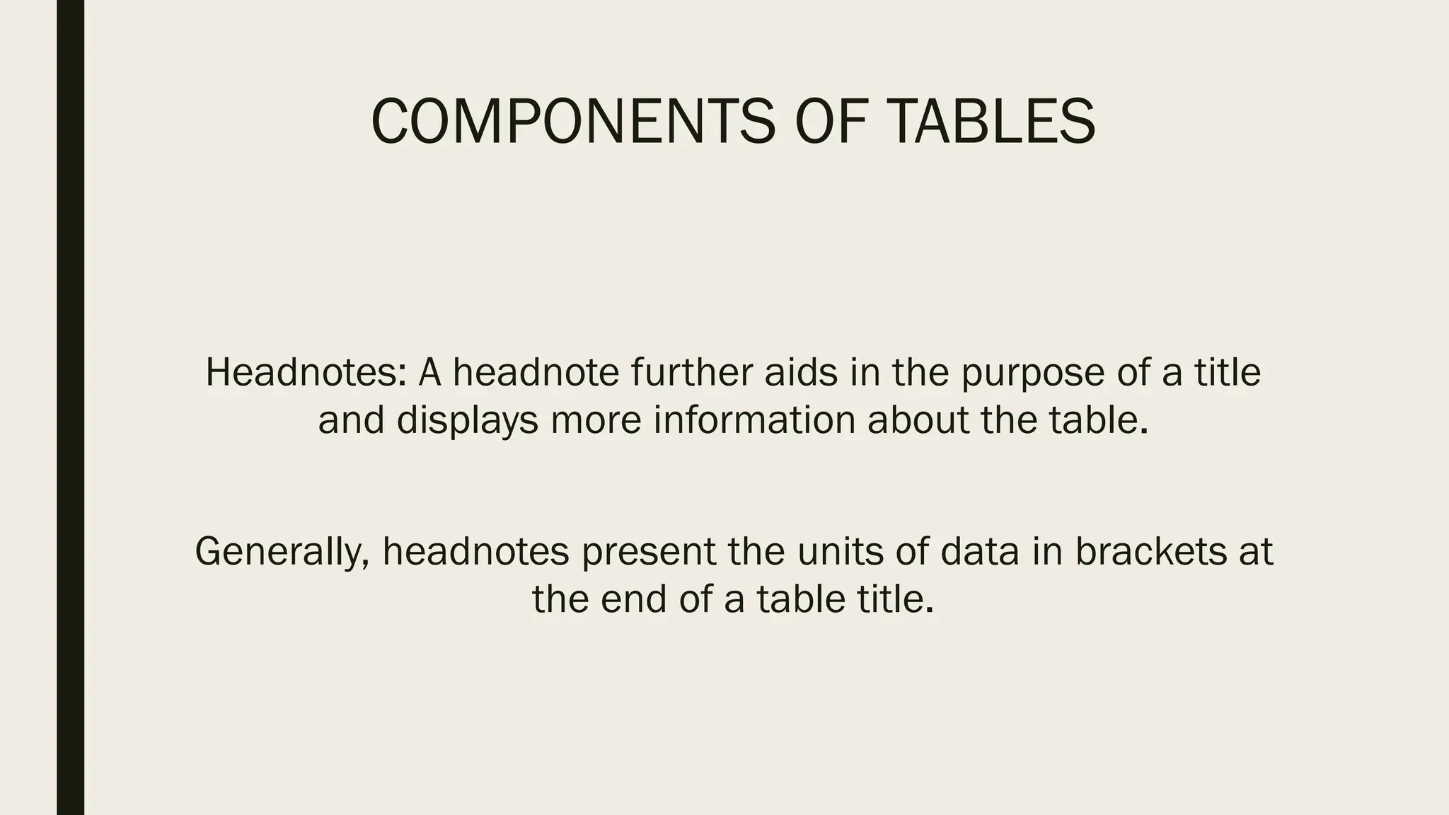 COMPONENTS OF TABLES
Headnotes: A headnote further aids in the purpose of a title
and displays more information about the table.
Generally, headnotes present the units of data in brackets at
the end of a table title.
 