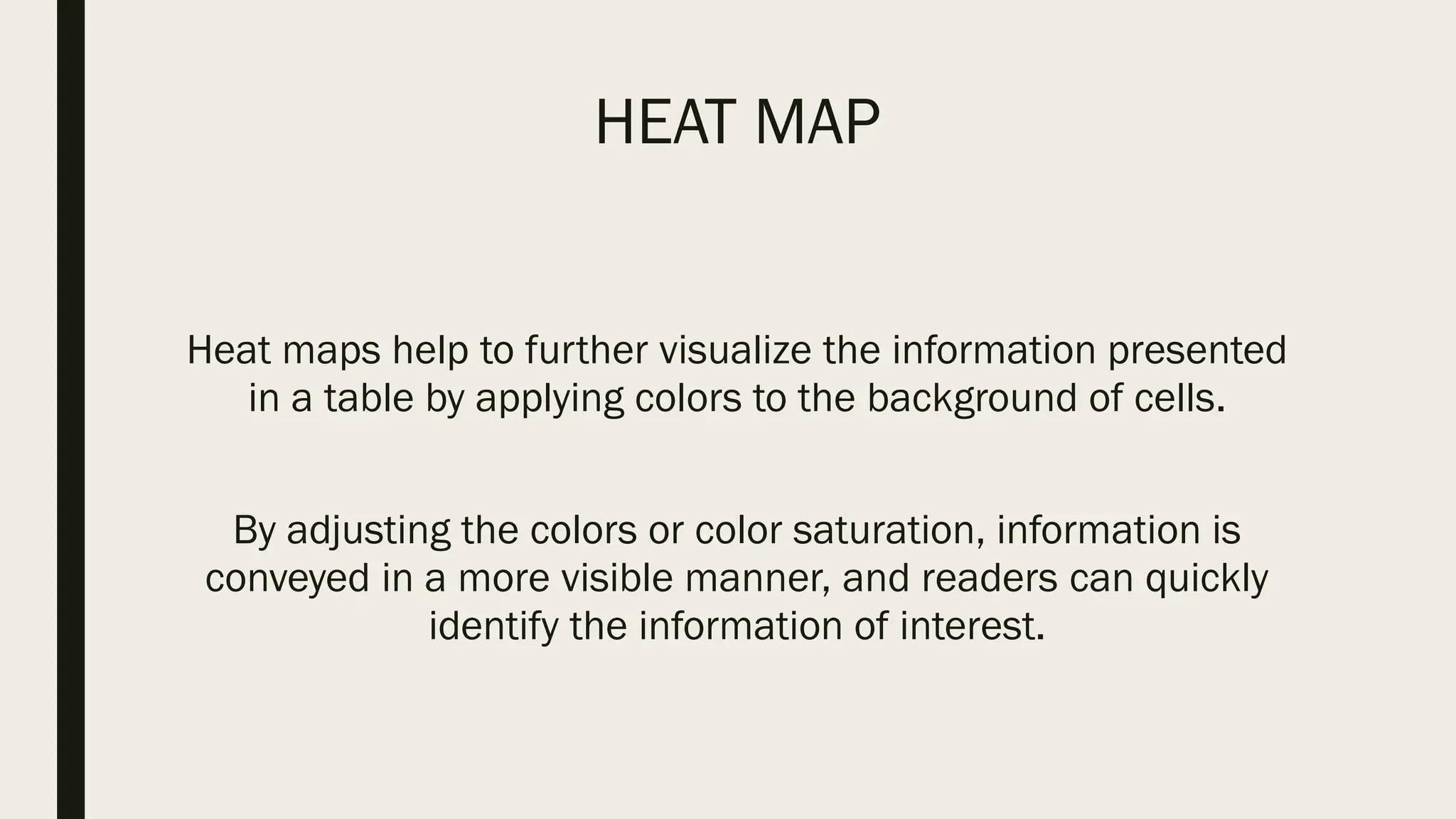 HEAT MAP
Heat maps help to further visualize the information presented
in a table by applying colors to the background of cells.
By adjusting the colors or color saturation, information is
conveyed in a more visible manner, and readers can quickly
identify the information of interest.
 