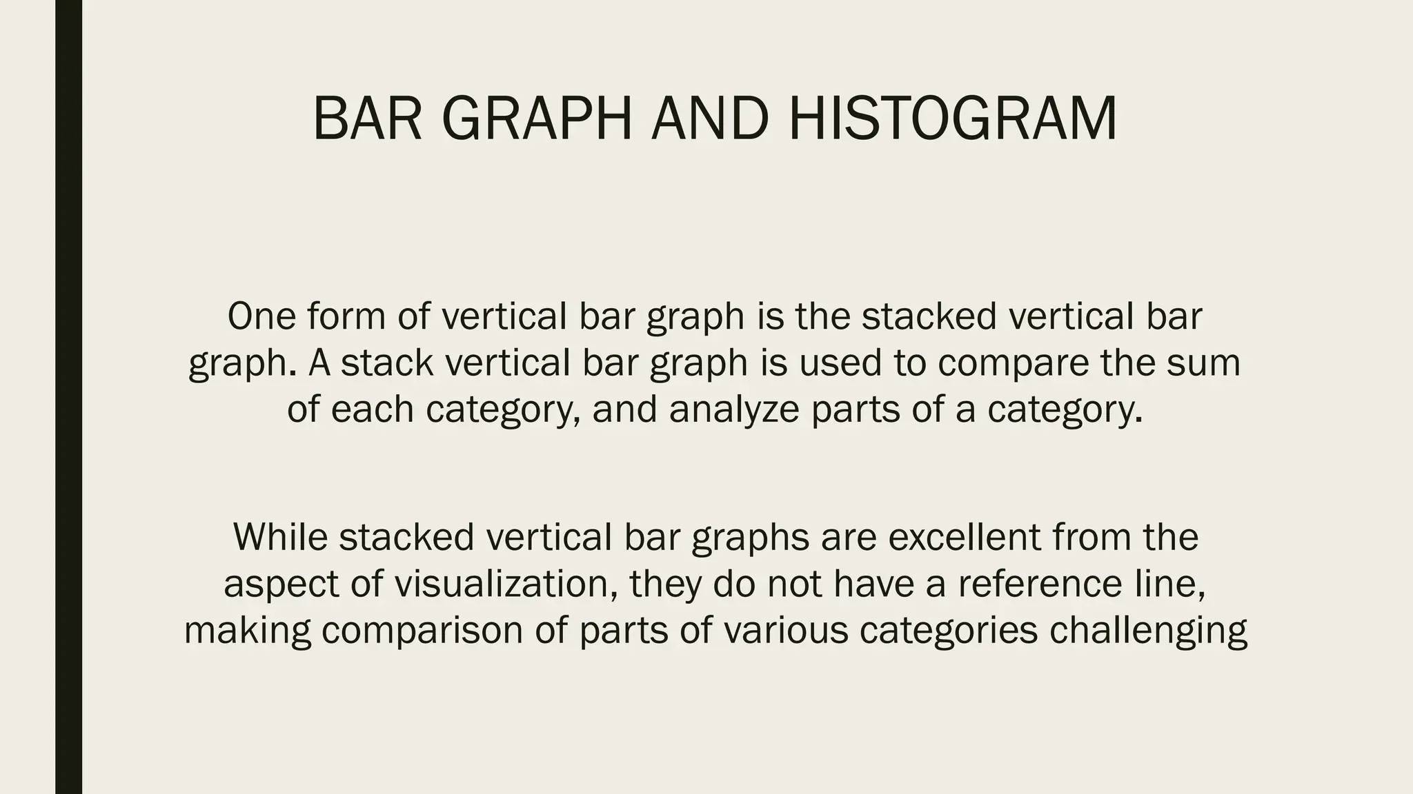 BAR GRAPH AND HISTOGRAM
One form of vertical bar graph is the stacked vertical bar
graph. A stack vertical bar graph is used to compare the sum
of each category, and analyze parts of a category.
While stacked vertical bar graphs are excellent from the
aspect of visualization, they do not have a reference line,
making comparison of parts of various categories challenging
 