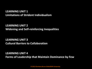 LEARNING UNIT 1
Limitations of Strident Individualism


LEARNING UNIT 2
Widening and Self-reinforcing Inequalities


LEARNING UNIT 3
Cultural Barriers to Collaboration


LEARNING UNIT 4
Forms of Leadership that Maintain Dominance by Few

                    © 2012 Giordano Bruno GlobalShift University
 