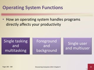 Operating System Functions
• How an operating system handles programs
directly affects your productivity
Discovering Computers 2014: Chapter 9 10Pages 383 - 384
Single tasking
and
multitasking
Foreground
and
background
Single user
and multiuser
 