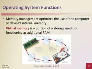 Operating System Functions
• Memory management optimizes the use of the computer
or device’s internal memory
• Virtual memory is a portion of a storage medium
functioning as additional RAM
Discovering Computers 2014: Chapter 9 12Page 385
Figure 9-8
 
