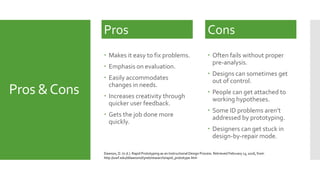 Pros &Cons
 Makes it easy to fix problems.
 Emphasis on evaluation.
 Easily accommodates
changes in needs.
 Increases creativity through
quicker user feedback.
 Gets the job done more
quickly.
Cons
 Often fails without proper
pre-analysis.
 Designs can sometimes get
out of control.
 People can get attached to
working hypotheses.
 Some ID problems aren’t
addressed by prototyping.
 Designers can get stuck in
design-by-repair mode.
Pros
Dawson, D. (n.d.). Rapid Prototyping as an Instructional Design Process. Retrieved February 13, 2016, from
http://uwf.edu/ddawson/d3net/research/rapid_prototype.htm
 