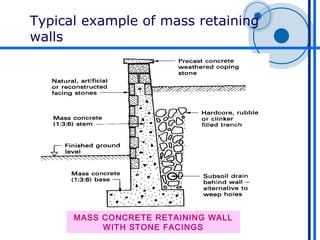 Typical example of mass retaining
walls




      MASS CONCRETE RETAINING WALL
           WITH STONE FACINGS
 