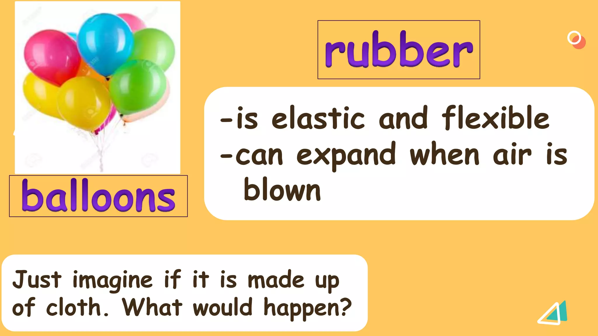 -is elastic and flexible
-can expand when air is
blown
Just imagine if it is made up
of cloth. What would happen?
 