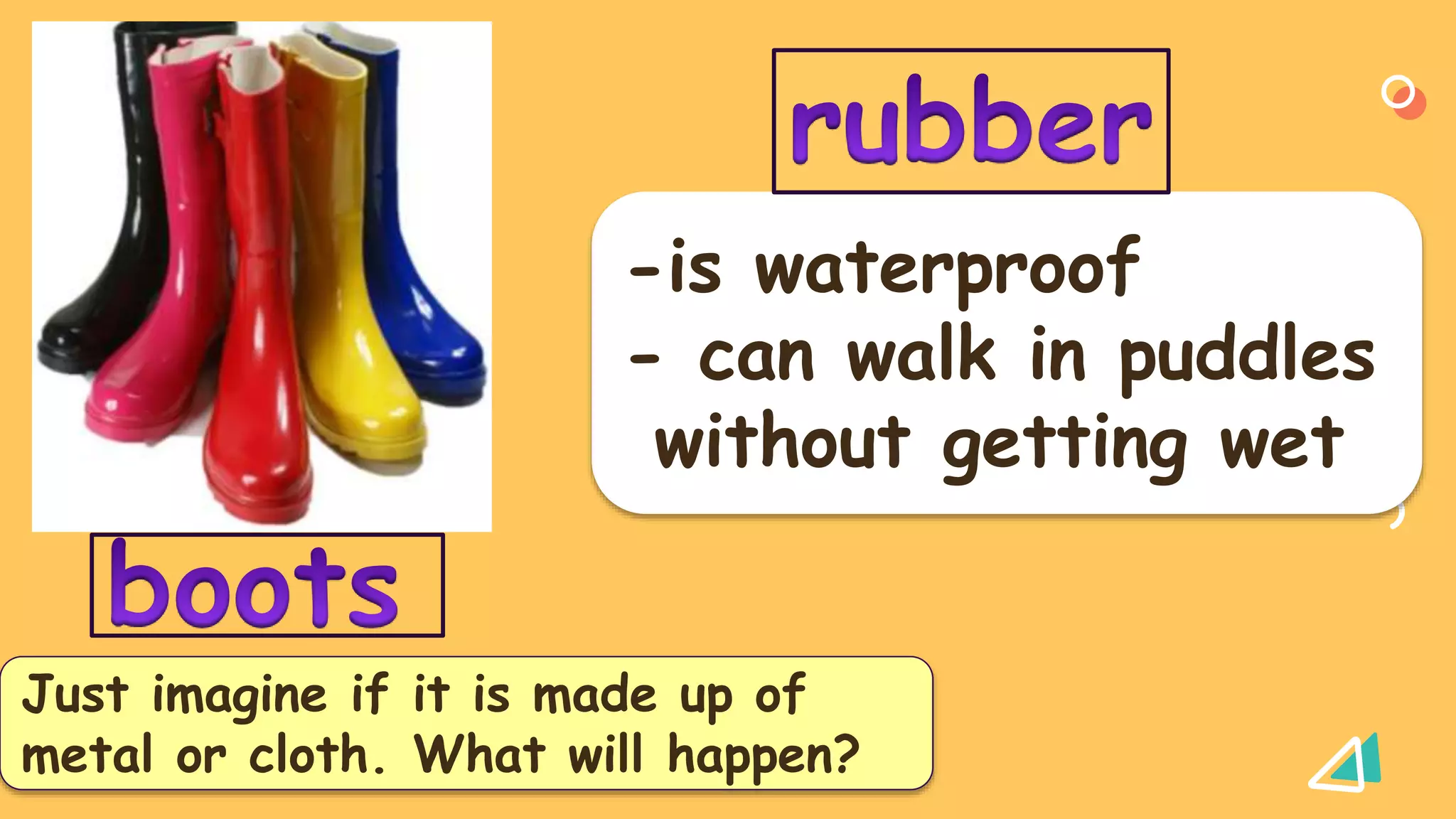 -is waterproof
- can walk in puddles
without getting wet
Just imagine if it is made up of
metal or cloth. What will happen?
 