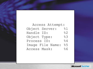 Object Access Auditing Object  Access Attempt: Object Server: %1 Handle ID: %2 Object Type: %3 Process ID: %4 Image File Name: %5 Access Mask: %6 