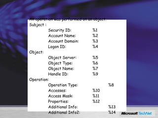 Object Access Auditing An operation was performed on an object. Subject :                                                                   Security ID: %1                  Account Name: %2                           Account Domain: %3                  Logon ID: %4           Object:                  Object Server: %5                  Object Type: %6                  Object Name: %7                  Handle ID: %9 Operation:                  Operation Type: %8                  Accesses: %10                  Access Mask: %11                  Properties: %12                  Additional Info: %13                  Additional Info2: %14 