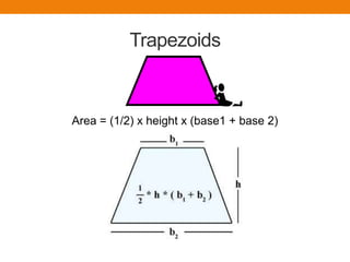 TrapezoidsArea = (1/2) x height x (base1 + base 2)