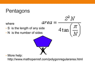 Pi = 3.14159265358979323846 =   Area = (radius)^2 x Radius = distance from center to edge of circle