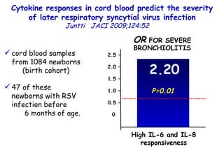 Cytokine responses in cord blood predict the severity of later respiratory syncytial virus infection Juntti  JACI 2009;124:52  2.20 High IL-6 and IL-8 responsiveness OR  FOR SEVERE BRONCHIOLITIS 2.5 – 2.0 – 1.5 – 1.0 – 0.5 – 0 P=0.01 cord blood samples from 1084 newborns  (birth cohort)  47 of these newborns with RSV infection before  6 months of age.  