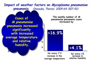 +16.9% +4.1% for every 1°C increase in the average temperature for every 1% increase in relative humidity The weekly number of  M   pneumoniae  pneumonia cases increased by 20 – 15 – 10 – 5 – 0 Impact of weather factors on  Mycoplasma pneumoniae  pneumonia   Onozuka, Thorax  2009 64: 507-511 Data on cases of  M . pneumoniae  pneumonia and weather factors from 1999 to 2007; 13 056  M.pneumoniae  pneumonia cases. Cases of  M pneumoniae  pneumonia increased significantly  with increased average temperature  and relative  humidity. 