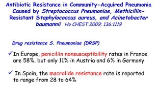 Antibiotic Resistance in Community-Acquired Pneumonia Caused by  Streptococcus Pneumoniae, Methicillin- Resistant S taphylococcus aureus, and Acinetobacter baumannii   Ho CHEST 2009; 136:1119 In Europe,  penicillin nonsusceptibility  rates in France are 58%, but only 11% in Austria and 6% in Germany In Spain, the  macrolide resistance  rate is reported to range from 28 to 64% Drug resistence S. Pneumoniae (DRSP) 