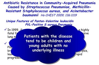 In 1999,  S aureus carrying PVL was associated  with a highly fatal form of pneumonia that is characterized by extensive lung necrosis. Typical features of necrotizing pneumonia caused by  PVL-positive  S aureus  include high fever ( > 39°C), rapid breathing (respiratory rate,  > 40 breaths/min), hemoptysis, leukopenia, extensive pulmonary involvement, and rapid progression to ARDS. Unique Features of Panton-Valentine leukocidin  PVL-Positive S aureus Pneumonia Antibiotic Resistance in Community-Acquired Pneumonia Caused by  Streptococcus Pneumoniae, Methicillin- Resistant S taphylococcus aureus, and Acinetobacter baumannii   Ho CHEST 2009; 136:1119 Patients with the disease tend to be children and young adults with no underlying illness 