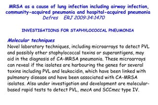 MRSA as a cause of lung infection including airway infection, community-acquired pneumonia and hospital-acquired pneumonia  Defres   ERJ 2009:34:1470  INVESTIGATIONS FOR STAPHYLOCOCCAL PNEUMONIA  Molecular techniques Novel laboratory techniques, including microarrays to detect PVL and possibly other staphylococcal toxins or superantigens, may aid in the diagnosis of CA-MRSA pneumonia. These microarrays can reveal if the isolates are harbouring the genes for several toxins including PVL and leukocidin, which have been linked with pulmonary disease and have been associated with CA-MRSA isolates. Also under investigation and development are molecular-based rapid tests to detect PVL,  mec A and SCC mec  type IV. 