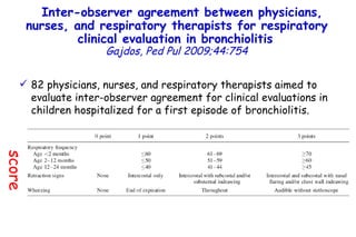 Inter-observer agreement between physicians, nurses, and respiratory therapists for respiratory clinical evaluation in bronchiolitis   Gajdos, Ped Pul 2009;44:754 5/60 85% 51/60 82 physicians, nurses, and respiratory therapists aimed to evaluate inter-observer agreement for clinical evaluations in children hospitalized for a first episode of bronchiolitis.  score 