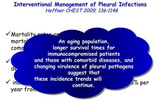 Interventional Management of Pleural Infections  Heffner CHEST 2009; 136:1148 Mortality rates are between 7% and 33%, with mortality rates  >50% among elderly patients with comorbidities. Empyema has increased in incidence during the last 2 decades. increase in the empyema incidence rate by 2.8% per year from 1987 to 2004. An aging population, longer survival times for immunocompromised patients and those with comorbid diseases, and changing virulence of pleural pathogens suggest that these incidence trends will  continue. 