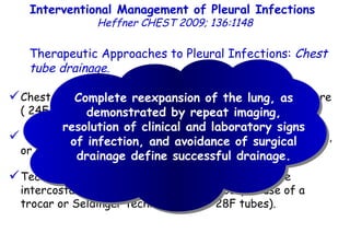 Interventional Management of Pleural Infections  Heffner CHEST 2009; 136:1148 Therapeutic Approaches to Pleural Infections:  Chest tube drainage . Chest tubes vary in size but can be classified as large-bore  ( 24F to 34F) or small-bore (8F to 24F). Tubes can be guided by fluoroscopy, ultrasonography (US), or CT imaging.  Techniques for the insertion of chest tubes include intercostal incisions (for large-bore tubes) or use of a trocar or Seldinger technique (8F to 28F tubes). Complete reexpansion of the lung, as demonstrated by repeat imaging, resolution of clinical and laboratory signs of infection, and avoidance of surgical drainage define successful drainage. 