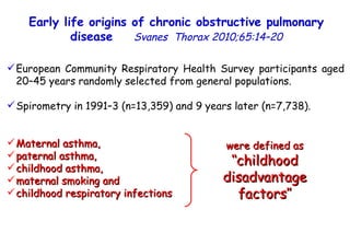 European Community Respiratory Health Survey participants aged 20–45 years randomly selected from general populations. Spirometry in 1991–3 (n=13,359) and 9 years later (n=7,738). Maternal asthma,  paternal asthma,  childhood asthma,  maternal smoking and  childhood respiratory infections Early life origins of chronic obstructive pulmonary disease  Svanes  Thorax 2010;65:14–20 were defined as  ‘‘childhood disadvantage factors’’ 