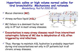 Hypertonic saline or high volume normal saline for viral bronchiolitis: Mechanisms and rationale   Mandelberg,   Ped Pul 2010;45:36 Mucus clearance ( MC ). Airway surface liquid ( ASL ). MC failure is a dominant factor not  only in CF but in most airway diseases. Exacerbations in many airway diseases result from intermittent catastrophic failures of MC due to dehydration of ASL often triggered by viral infections . Thus, therapy to maintain ASL hydration is probably important during viral exacerbations not only in CF patients but in all chronic airway diseases. 