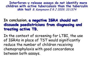 Interferon- γ  release assays do not identify more children with active tuberculosis than the tuberculin skin test  B. Kampmann   E R J 2009; 33:1374 In conclusion ,  a negative IGRA should not dissuade paediatricians from diagnosing and treating active TB.   In the context of screening for LTBI, the use of IGRAs in place of TST would significantly reduce the number of children receiving chemoprophylaxis with good concordance between both assays.          TO P        ABSTRACT        ME THODS        RE SULTS        DI SCUSSION        Su pport  statement        St atement  of interest        AC KNOWLEDGEMENTS        RE FERENCES         TO P        ABSTRACT        ME THODS        RE SULTS        DI SCUSSION        Su pport  statement        St atement  of interest        AC KNOWLEDGEMENTS        RE FERENCES 