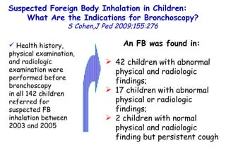 Suspected Foreign Body Inhalation in Children:  What Are the Indications for Bronchoscopy? S Cohen,J Ped 2009;155:276 Health history, physical examination, and radiologic examination were performed before bronchoscopy in all 142 children referred for suspected FB inhalation between 2003 and 2005 An FB was found in:   42 children with abnormal physical and radiologic findings;  17 children with abnormal physical or radiologic findings; 2 children with normal physical and radiologic finding but persistent cough 