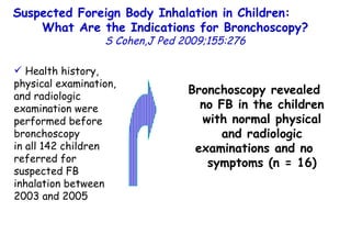 Suspected Foreign Body Inhalation in Children:  What Are the Indications for Bronchoscopy? S Cohen,J Ped 2009;155:276 Health history, physical examination, and radiologic examination were performed before bronchoscopy in all 142 children referred for suspected FB inhalation between 2003 and 2005 Bronchoscopy revealed no FB in the children with normal physical and radiologic examinations and no symptoms (n = 16) 