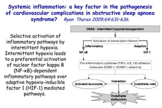 Selective activation of inflammatory pathways by intermittent hypoxia.  Intermittent hypoxia leads to a preferential activation of nuclear factor kappa B (NF- κ B)-dependent inflammatory pathways over adaptive hypoxia-inducible factor 1 (HIF-1) mediated pathways.  Systemic inflammation: a key factor in the pathogenesis of cardiovascular complications in obstructive sleep apnoea syndrome?   Ryan  Thorax 2009;64:631–636. 
