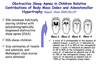 Obstructive Sleep Apnea in Children Relative Contributions of Body Mass Index and  Adenotonsillar Hypertrophy  Dayyat  Chest 2009;136:137 206 nonobese habitually snoring children with polysomnographically diagnosed obstructive sleep apnea (OSA)  206 obese children Size estimates of tonsils and adenoids, and Mallampati class scores were obtained A score of 0 corresponded to the absence of adenoid tissues; a score of +1 indicated an adenoid size of 0 to 25% of the retropalatal airway; a score +2 indicated an adenoid size of 25 to 50% of the retropalatal airway; a score of +3 indicated an adenoid size of 50 to 75% of the retropalatal airway; and a score of +4 indicated an adenoid size of >75% of the retropalatal  airway lumen. 