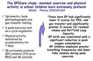 The EPICure study: maximal exercise and physical activity in school children born extremely preterm Welsh  Thorax 2010;65:165 Spirometry, body  plethysmography and gas transfer testing.  A peak exercise test  on a cycle ergometer. Physical activity monitored by accelerometry for  7 days. 38 extremely preterm (EP) children (71% prior BPD) and 38  controls. Those born EP had significantly lower Z-scores for FEV 1  and gas transfer and significantly greater Z-scores for residual volume and RV/Total Lung Capacity. EP birth was associated with a significant reduction in peak oxygen consumption.  EP children employed greater breathing frequencies and lower tidal  volumes during peak exercise.   