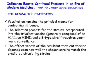 Influenza Exerts Continued Pressure in an Era of Modern Medicine.   Noah   Am J Respir Cell Mol Biol 2009;41:3  Vaccination remains the principal means for controlling influenza.  The selection process for the strains incorporated into the trivalent vaccine (generally composed of an H1N1, an H3N2, and a B-type strain) requires year-round surveillance.  The effectiveness of the resultant trivalent vaccine depends upon how well the chosen strains match the predicted circulating strains.  INFLUENZA: THE STATISTICS  