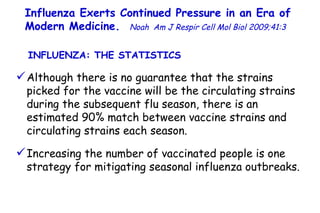Influenza Exerts Continued Pressure in an Era of Modern Medicine.   Noah   Am J Respir Cell Mol Biol 2009;41:3  Although there is no guarantee that the strains picked for the vaccine will be the circulating strains during the subsequent flu season, there is an estimated 90% match between vaccine strains and circulating strains each season. Increasing the number of vaccinated people is one strategy for mitigating seasonal influenza outbreaks.  INFLUENZA: THE STATISTICS  
